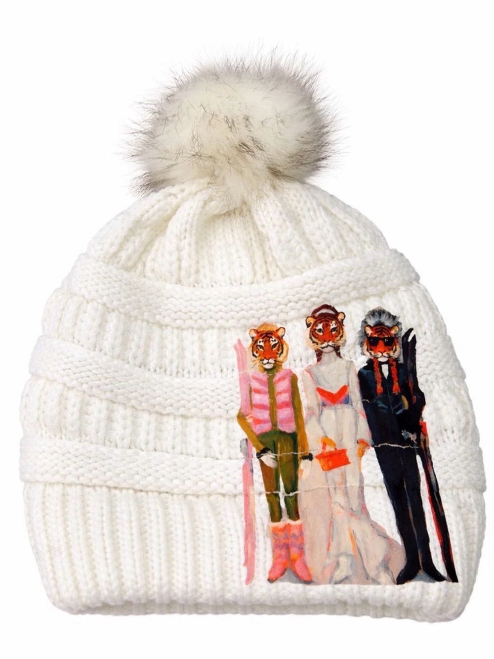 Judith March Tiger Ski Pom Beanie Cream Après Ski Winter Hat